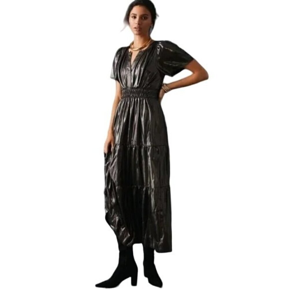 Anthropologie The Somerset Maxi Tiered Dress Metallic Shine Silver Grey Size XS